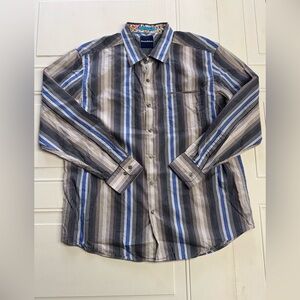 Tommy Bahama Cotton Silk Mens XL Striped Blue Brown Button Up Shirt Top Floral